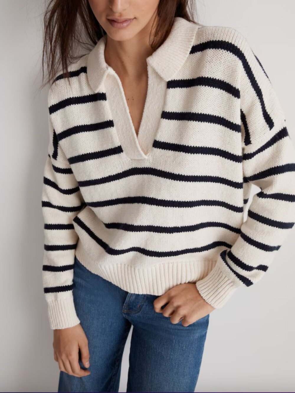 Madewell Dedham Polo Sweater Antique Cream Stripe Small V-Neck Nautical Coastal